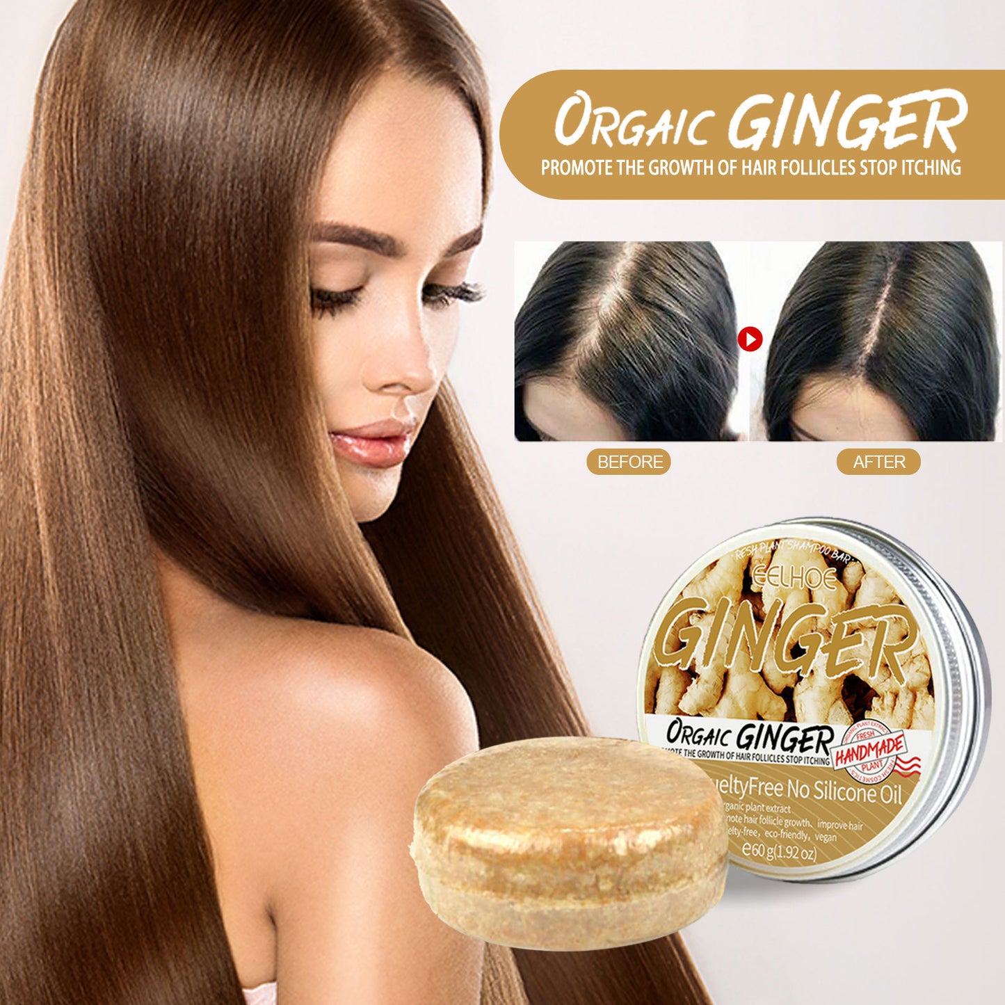 Shampoo Sólido de Jengibre | Limpieza Natural · Fortalecimiento Capilar · Estimula Crecimiento · Cabello Fino o Debilitado · 60g