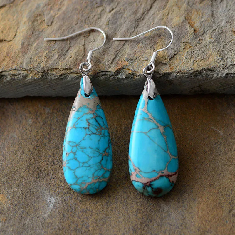 Aretes Lágrima de Piedra Natural y Cobre | Diseño Artesanal Casual · Joyería Bohemia · Regalo Visual Eco-Consciente · 60mm