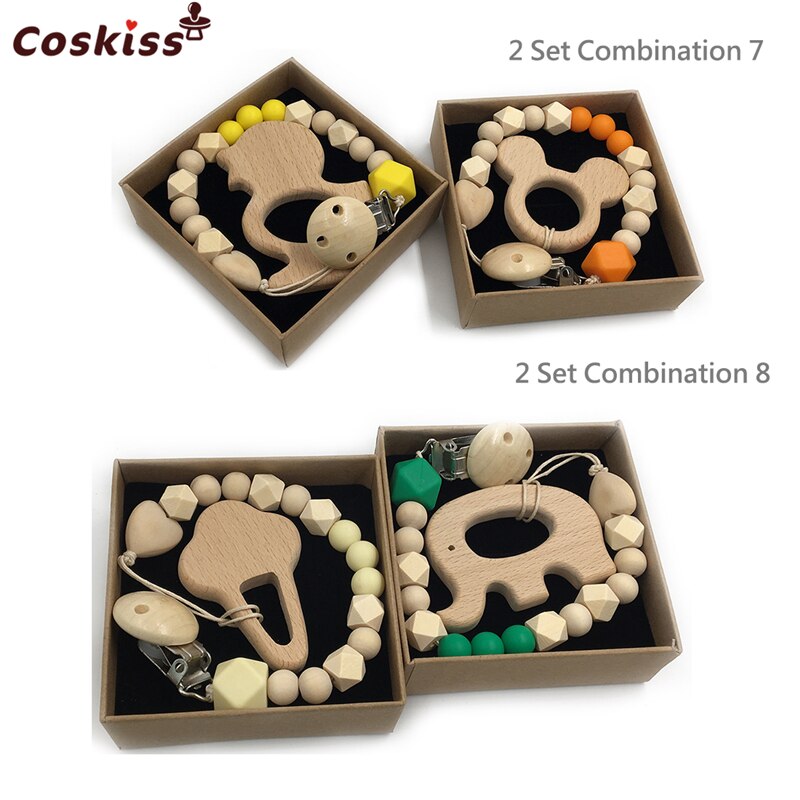 Set de 2 Mordederas Bebé Geabyte | Madera Orgánica Animal + Cuentas de Silicona Sensorial | Juguete Estimulante Ligero 3+ Meses | Regalo DIY Natural