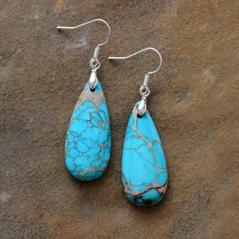 Aretes Lágrima de Piedra Natural y Cobre | Diseño Artesanal Casual · Joyería Bohemia · Regalo Visual Eco-Consciente · 60mm