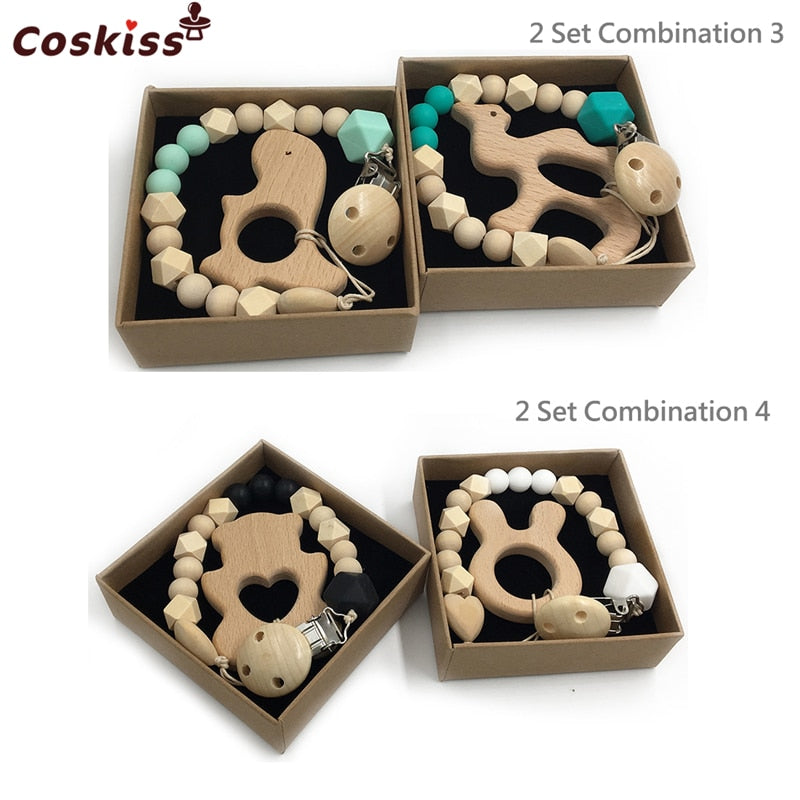 Set de 2 Mordederas Bebé Geabyte | Madera Orgánica Animal + Cuentas de Silicona Sensorial | Juguete Estimulante Ligero 3+ Meses | Regalo DIY Natural