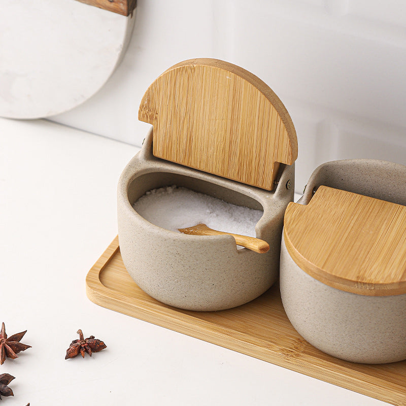 Frasco Japonés de Cerámica con Tapa de Bambú y Madera | Conservación Elegante para Especias y Condimentos · Diseño Artesanal Minimalista · 1pc / Set x2 / Set x3