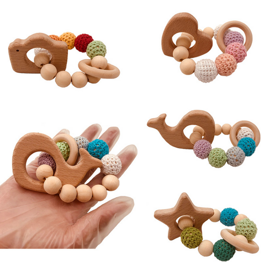 Set Sensorial Orgánico Bebé | Mordedera Animal + Pulsera de Madera + Aro Crochet · Estimulación Temprana · Diseño Natural · 0–24 Meses