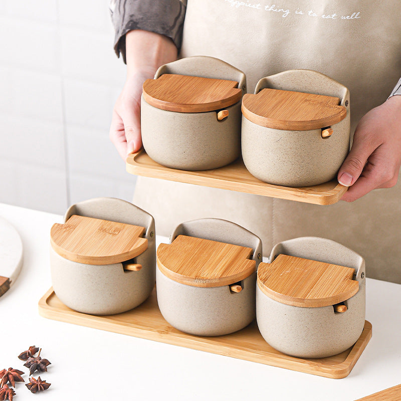 Frasco Japonés de Cerámica con Tapa de Bambú y Madera | Conservación Elegante para Especias y Condimentos · Diseño Artesanal Minimalista · 1pc / Set x2 / Set x3