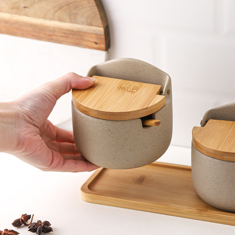 Frasco Japonés de Cerámica con Tapa de Bambú y Madera | Conservación Elegante para Especias y Condimentos · Diseño Artesanal Minimalista · 1pc / Set x2 / Set x3