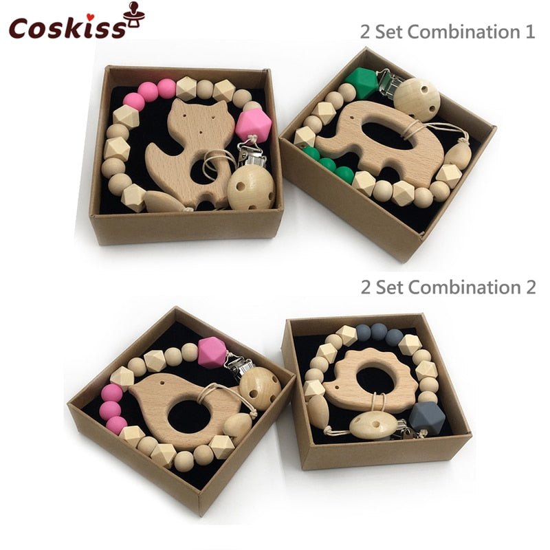 Set de 2 Mordederas Bebé Geabyte | Madera Orgánica Animal + Cuentas de Silicona Sensorial | Juguete Estimulante Ligero 3+ Meses | Regalo DIY Natural