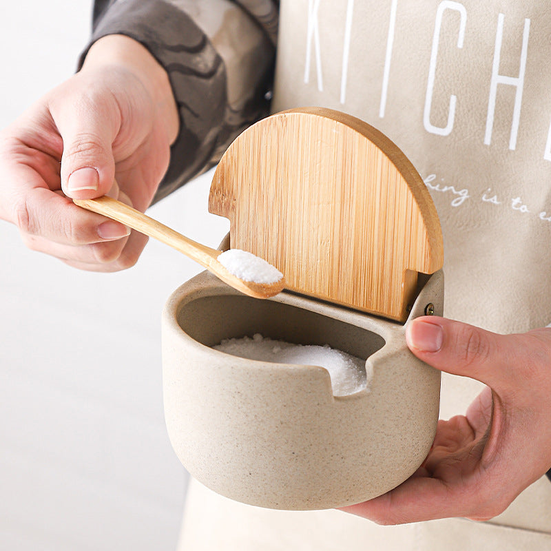 Frasco Japonés de Cerámica con Tapa de Bambú y Madera | Conservación Elegante para Especias y Condimentos · Diseño Artesanal Minimalista · 1pc / Set x2 / Set x3