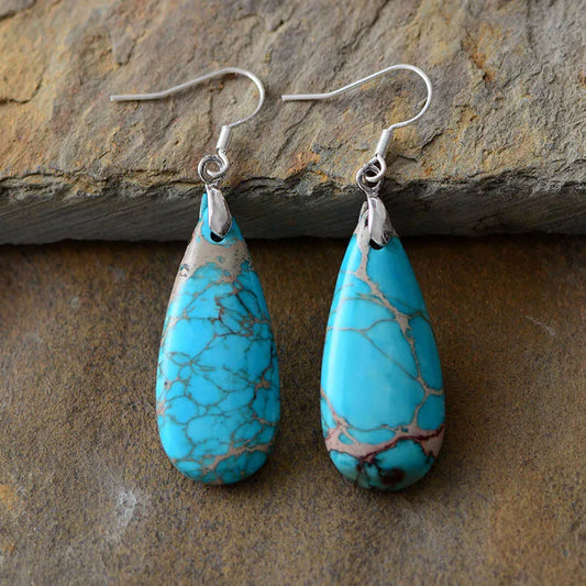 Aretes Lágrima de Piedra Natural y Cobre | Diseño Artesanal Casual · Joyería Bohemia · Regalo Visual Eco-Consciente · 60mm