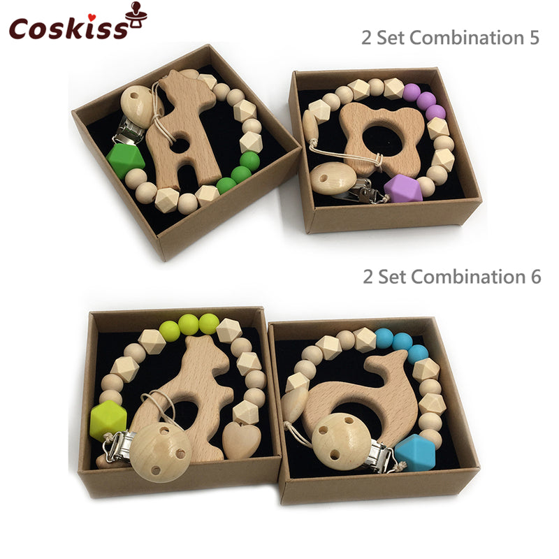 Set de 2 Mordederas Bebé Geabyte | Madera Orgánica Animal + Cuentas de Silicona Sensorial | Juguete Estimulante Ligero 3+ Meses | Regalo DIY Natural