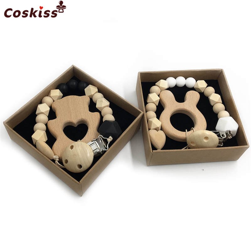 Set de 2 Mordederas Bebé Geabyte | Madera Orgánica Animal + Cuentas de Silicona Sensorial | Juguete Estimulante Ligero 3+ Meses | Regalo DIY Natural