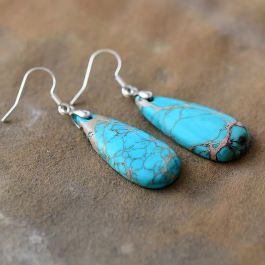 Aretes Lágrima de Piedra Natural y Cobre | Diseño Artesanal Casual · Joyería Bohemia · Regalo Visual Eco-Consciente · 60mm