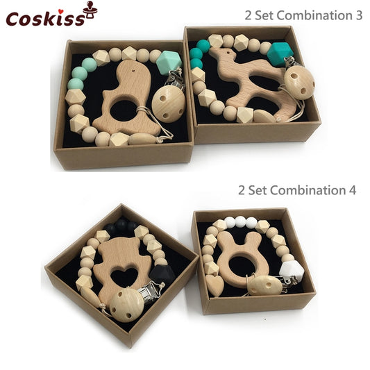 Set de 2 Mordederas Bebé Geabyte | Madera Orgánica Animal + Cuentas de Silicona Sensorial | Juguete Estimulante Ligero 3+ Meses | Regalo DIY Natural